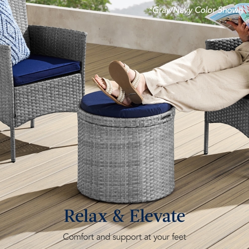 Outdoor Ottoman Hidden Storage Natural Wicker Weave Patio Footrest