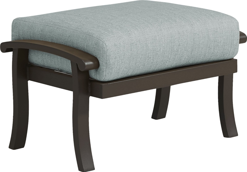 Outdoor Ottoman Mist Blue Cushion Dark Bronze Metal Frame Slat Base