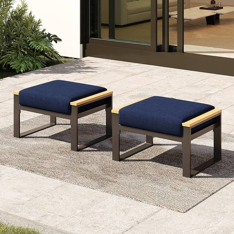 Outdoor Ottoman Pair Aluminum Construction Navy Blue Upholstery Black