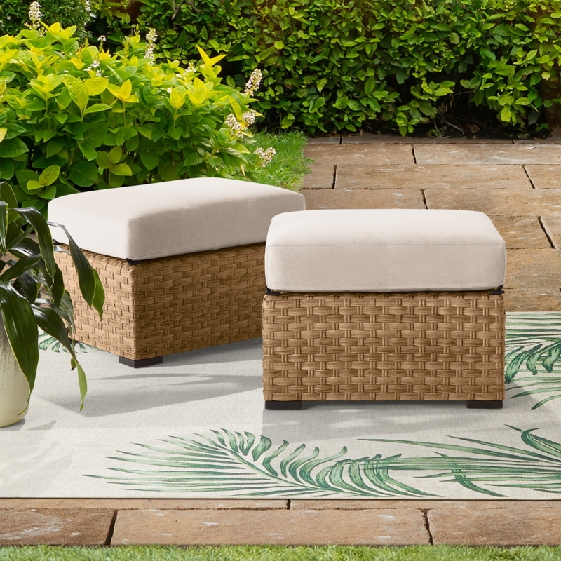 Outdoor Ottoman Plush White Cushion All Weather Wicker Coastal Set