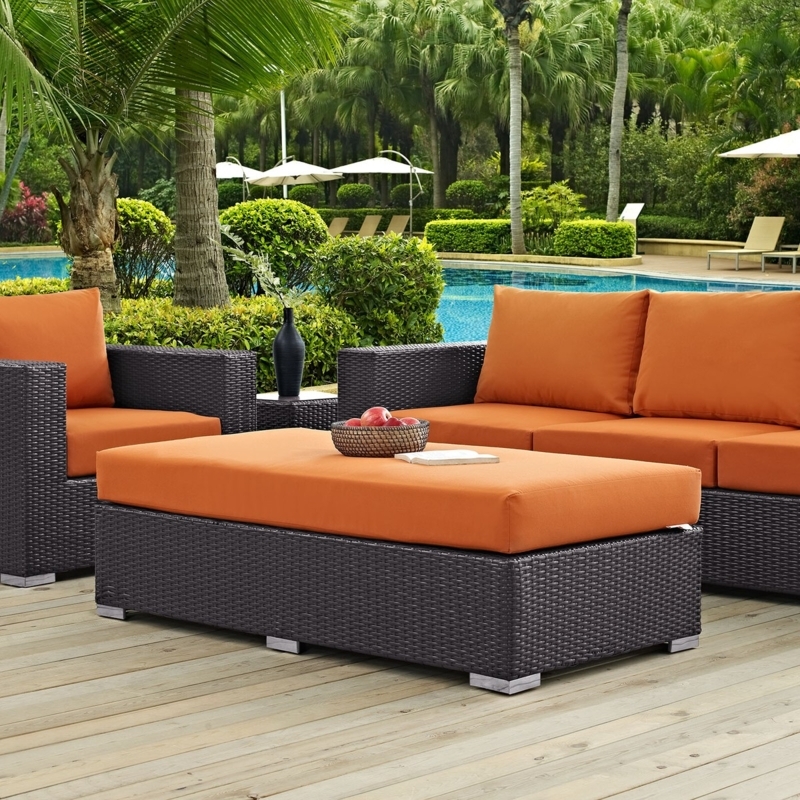 Outdoor Ottoman Rectangular Orange Cushion Dark Brown Woven Base