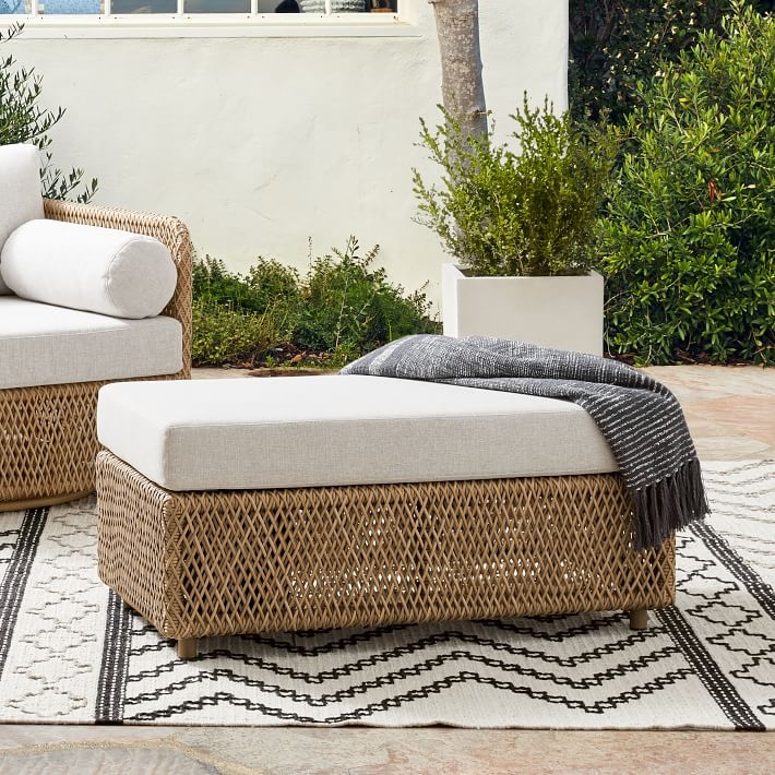 Outdoor Ottoman Round Chunky Woven Texture for Coastal Patio Seating