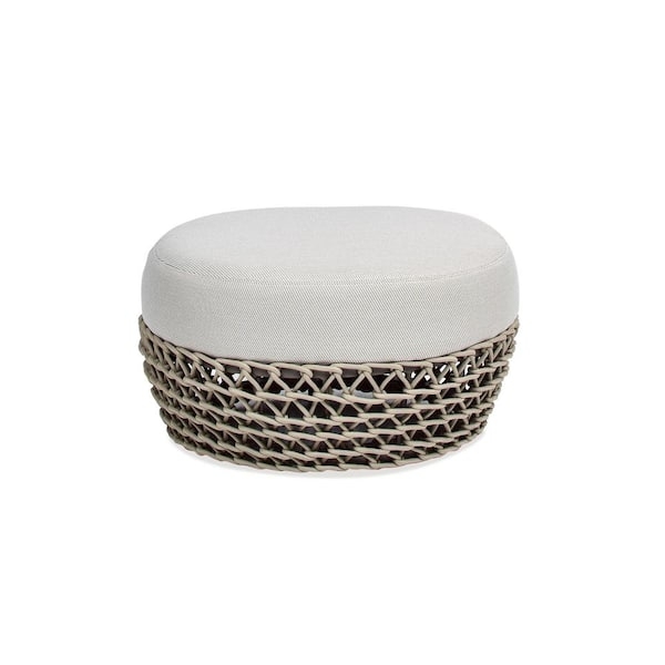 Outdoor Ottoman Round Two Tone Design Woven Base Beige Garden Footrest