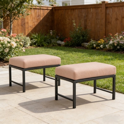 Outdoor Ottoman Round Woven Hidden Storage Gray Cushion Set