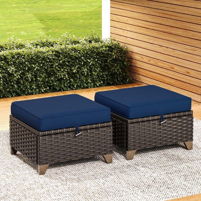 Outdoor Ottoman Set Deep Blue Cushions Dark Brown Wicker Coastal