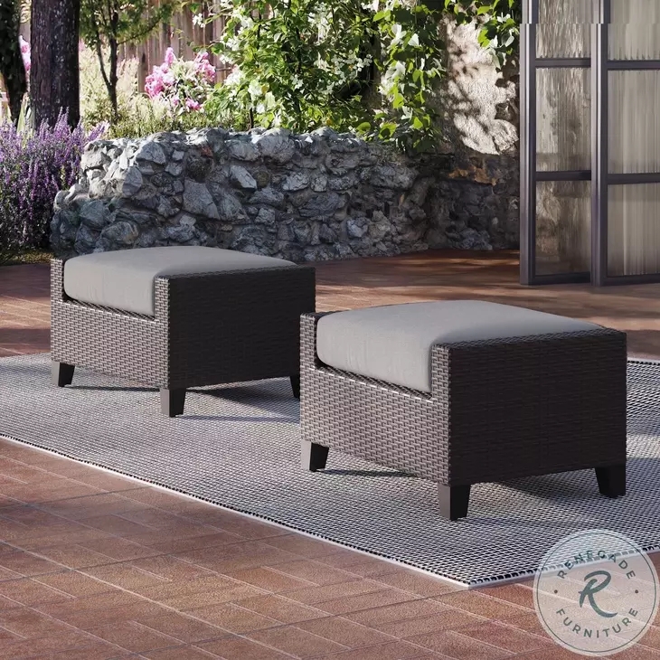 Outdoor Ottoman Set Gray Performance Fabric Block Feet Rectangular