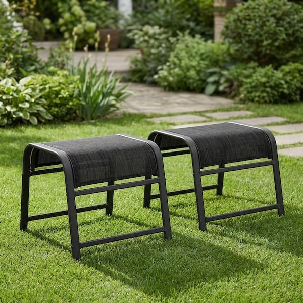 Outdoor Ottoman Set Modern Black Metal Frame Navy Blue Cushion