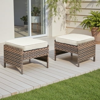 Outdoor Ottoman Set of Two Woven Base Creme Cushion Coastal Style