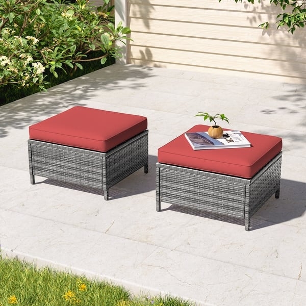 Outdoor Ottoman Set Orange Cushions Charcoal Gray Wicker Square