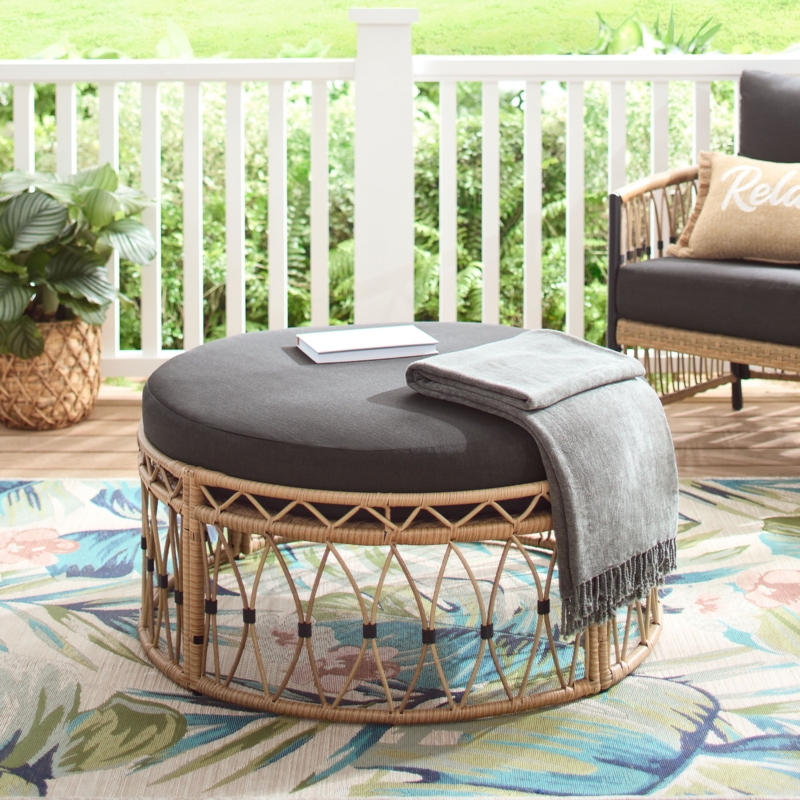Outdoor Ottoman Set Two Piece Wicker Base Beige Cushion Patio Seating