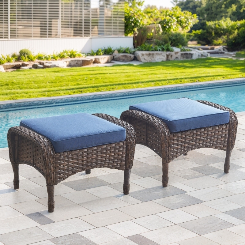 Outdoor Ottoman Set Wicker White Cushions Patio Footstools