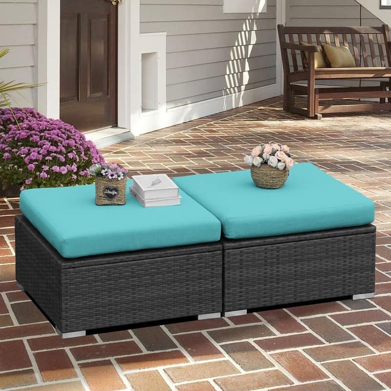 Outdoor Ottoman Set with Dark Grey Cushions, Woven Wicker Texture