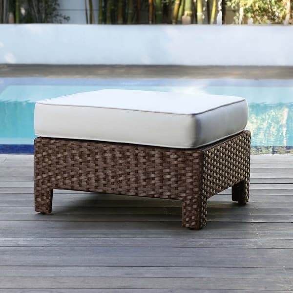 Outdoor Ottoman Set Woven Base Light Grey Cushions Square Poolside