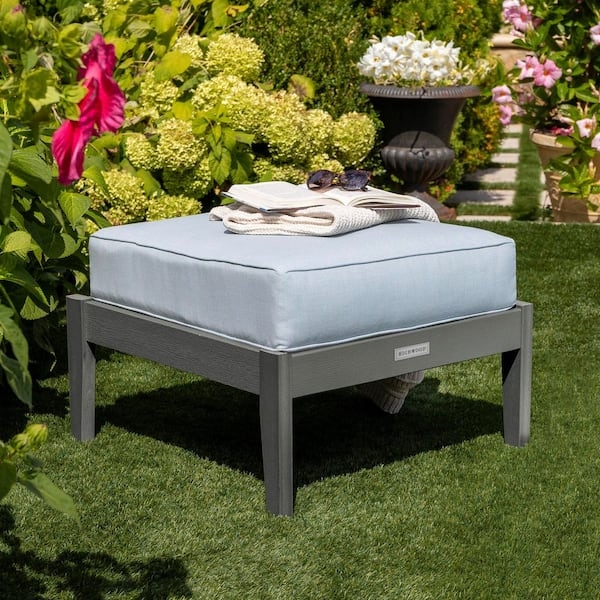 Outdoor Ottoman Slatted Sides Teak Look Dew Blue Cushion Coastal Style