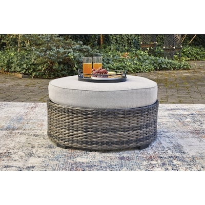 Outdoor Ottoman Slatted Wood Base Thick Weave Grey Round Patio Stool