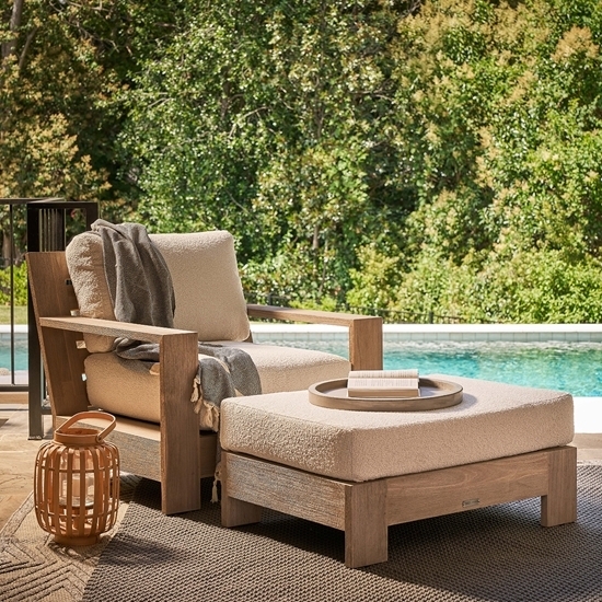 Outdoor Ottoman Teak Frame Navy Blue Accents with Oversized Cushion