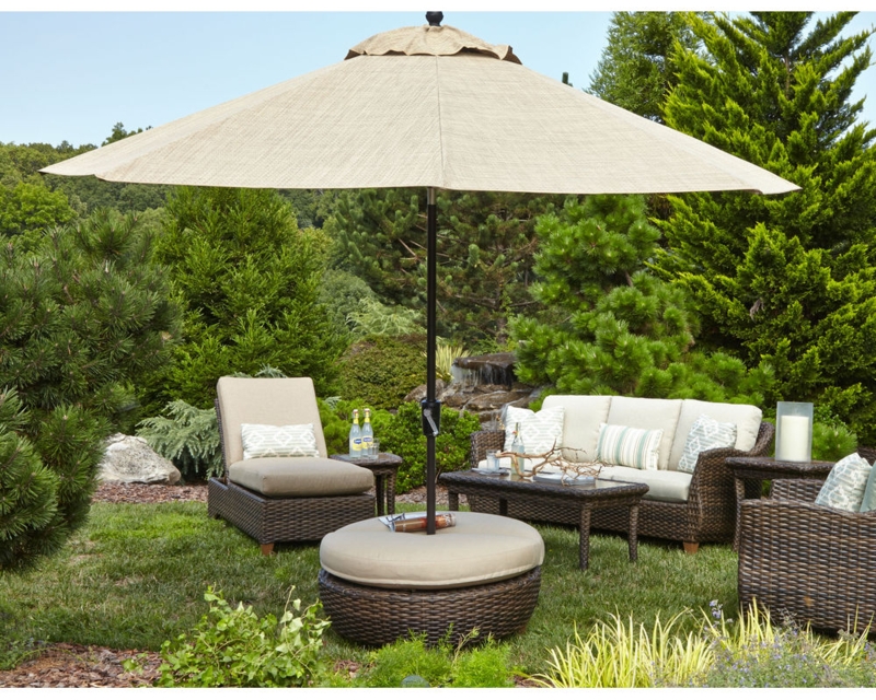 Outdoor Ottoman Umbrella Hole Charcoal Gray Woven Texture Patio Table