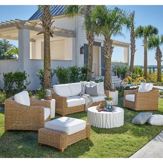 Outdoor Ottoman Weathered Frame Thick Cushions Beige Rectangular Patio