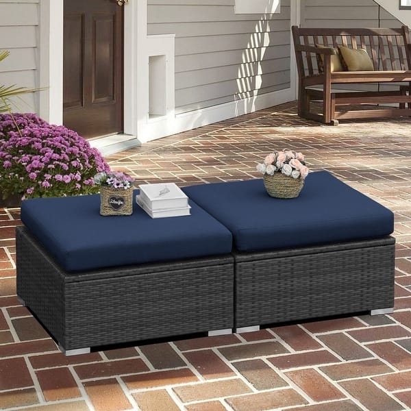 Outdoor Ottoman with Black Metal Frame, Woven Wicker Base
