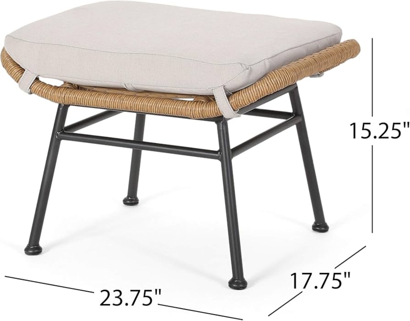 Outdoor Ottoman with Neutral Cushioned Top, Woven Body