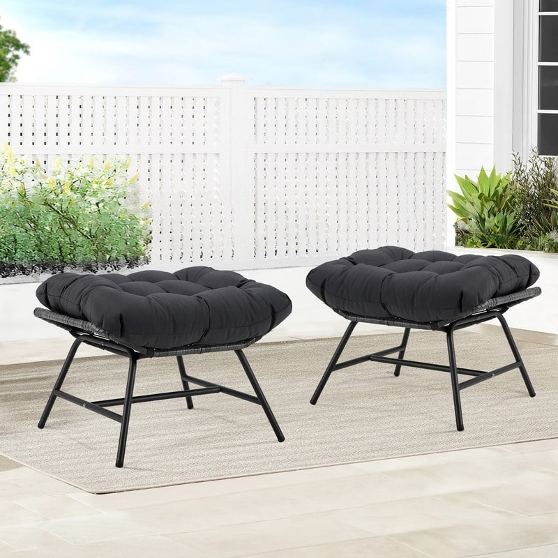 Outdoor Ottoman with Removable Cushion, Woven Wicker Base