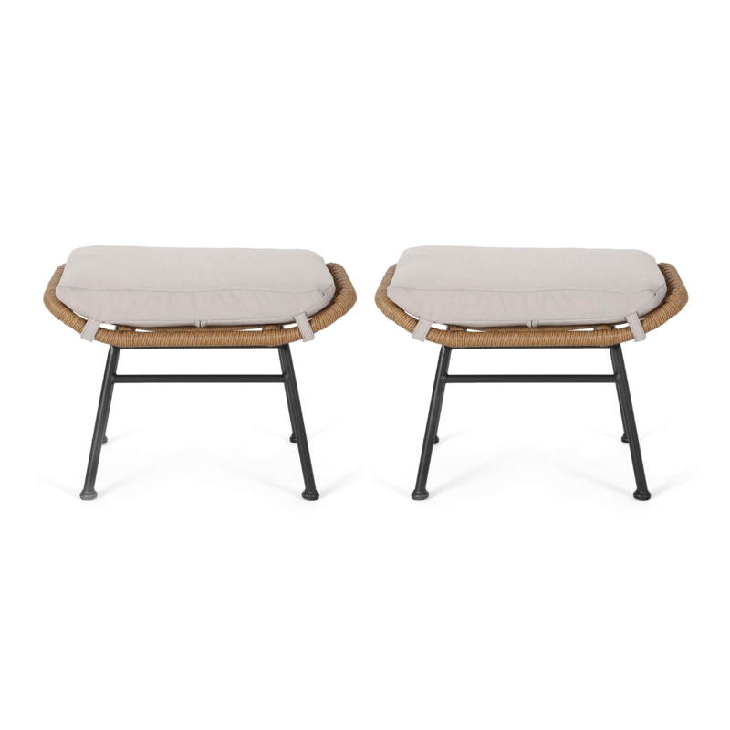 Outdoor Ottoman with Slim Black Legs, Woven Wicker Base