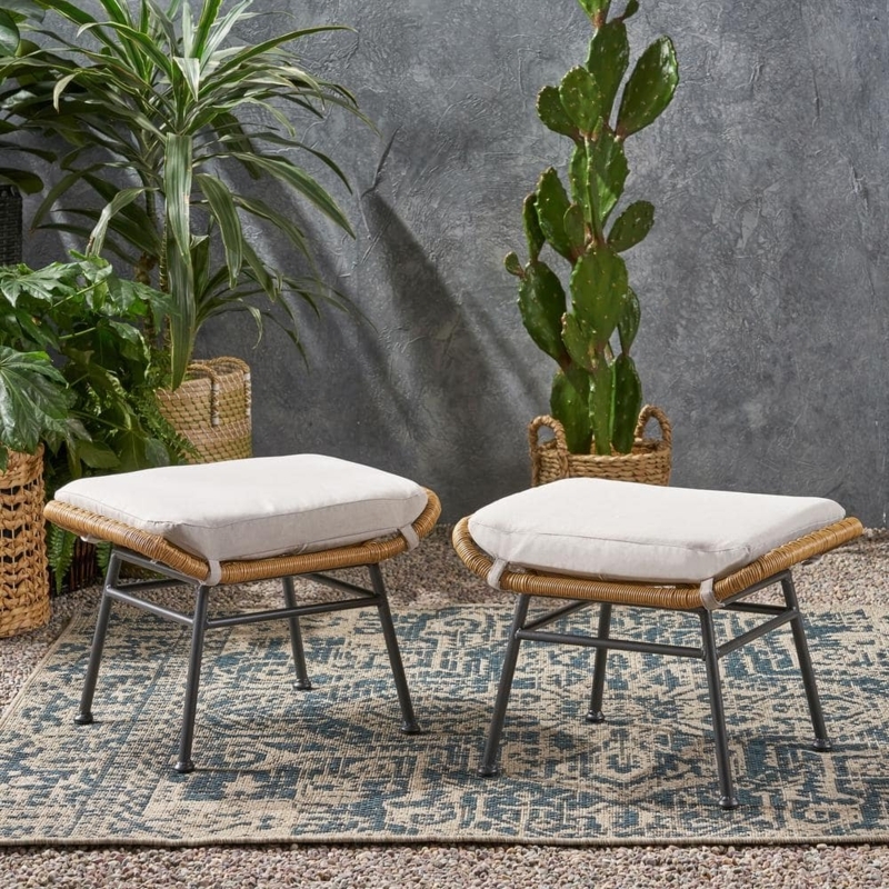 Outdoor Ottoman with Tapered Legs, Woven Rattan Patio Footstool