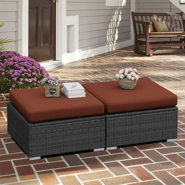 Outdoor Ottoman with Thick Square Cushion, Woven Wicker Base