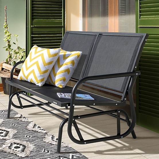Outdoor Rocking Bench in Charcoal Gray Metal with Woven Seat