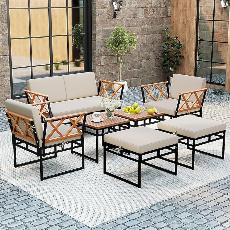 Outdoor Rope Sofa Set Modular U-Shape Bungee Seats Cream Cushions