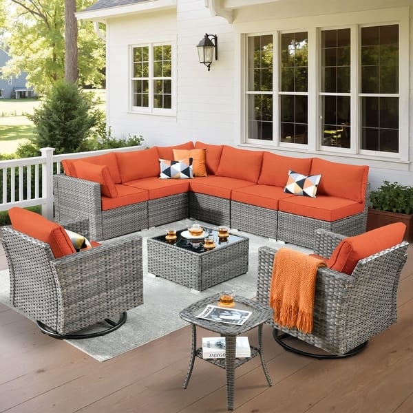 Outdoor Seating Group, 10-Piece Wicker Set, Swivel Rocking Chairs