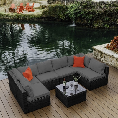 Outdoor Seating Group Low Profile Slatted Wood Look Frame Charcoal