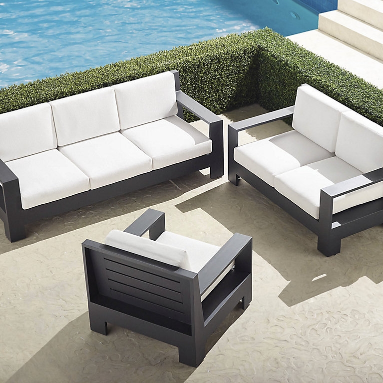 Outdoor Seating Group Matte Black Aluminum Slatted Sides Gray Cushions