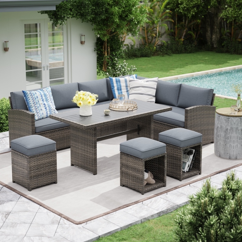Outdoor Seating Group U-Shaped Sectional with Navy Blue Upholstery