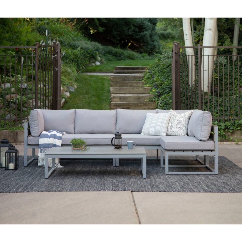 Outdoor Seating Set Dark Metal Frame Wood Armrest Accents Plank Top