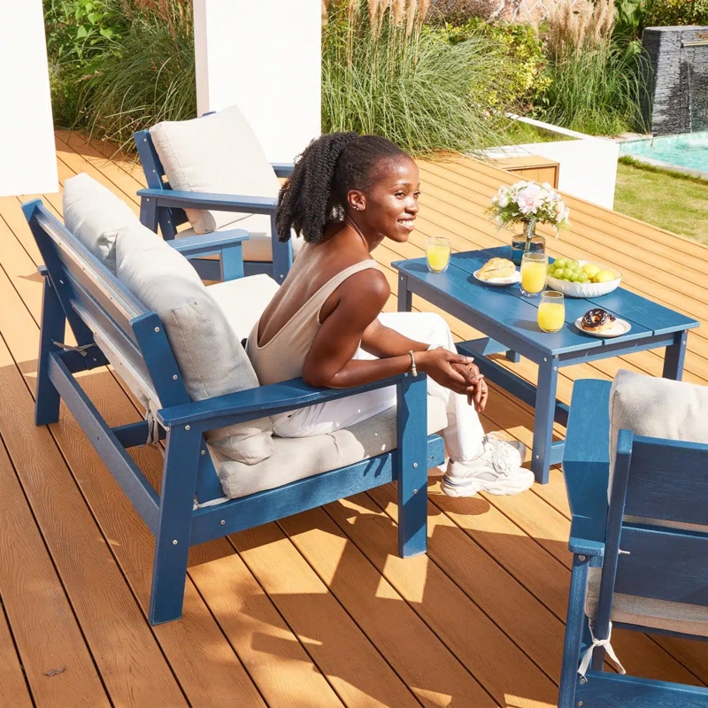 Outdoor Seating Set Poly Lumber Slatted Frame Deep Grey Cushions