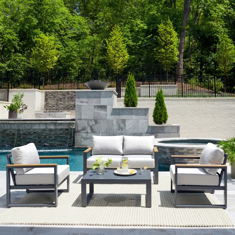 Outdoor Seating Set Transitional Woven Gray Wicker Cream Upholstery