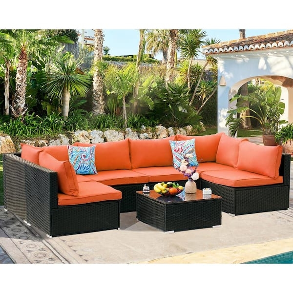 Outdoor Sectional, 7-Piece Modular Rattan, Orange Cushions, Glass Table
