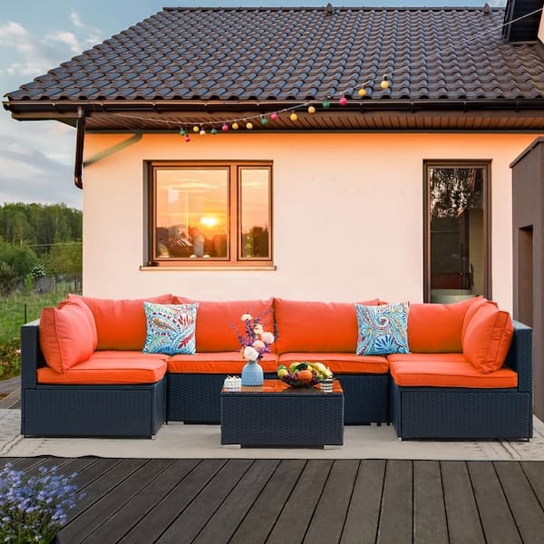 Outdoor Sectional, 7-Piece Wicker Set, L-Shaped with Orange Cushions