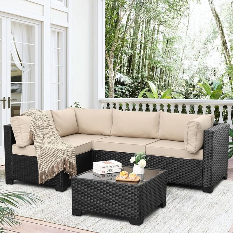 Outdoor Sectional Black Wicker with Khaki Cushions and Slat Top