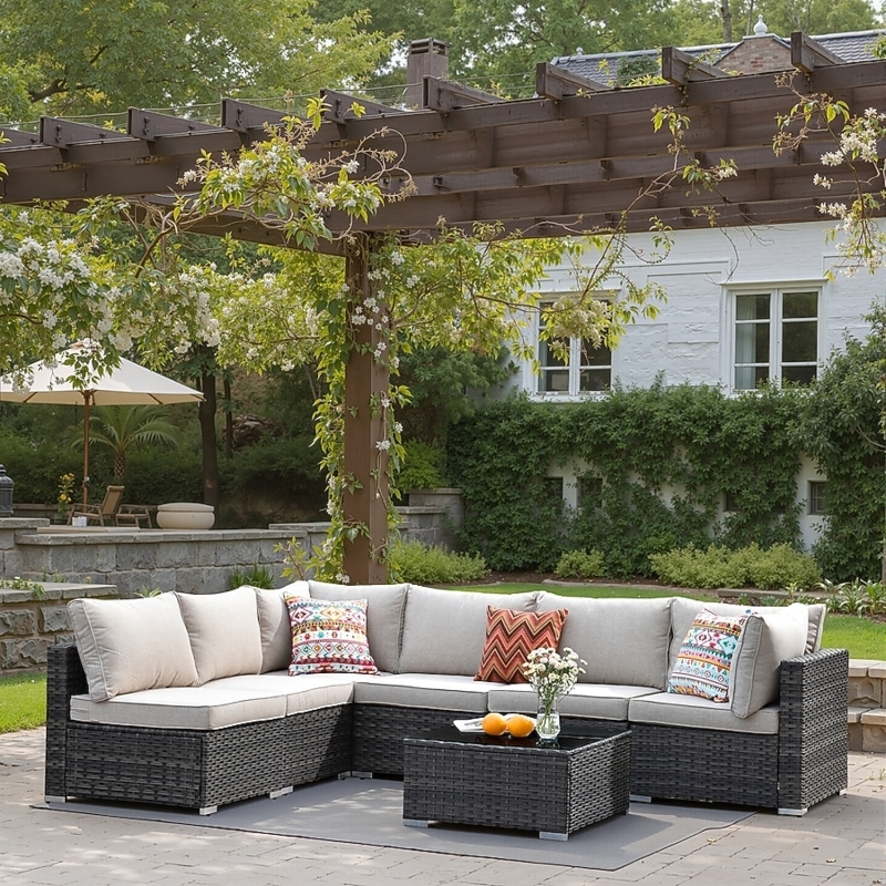 Outdoor Sectional Gray Wicker with Piped Seam Cushions