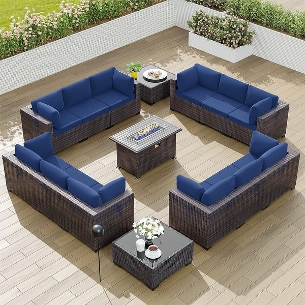 Outdoor Sectional Group: 15-Piece Navy Blue, Integrated Fire Pit