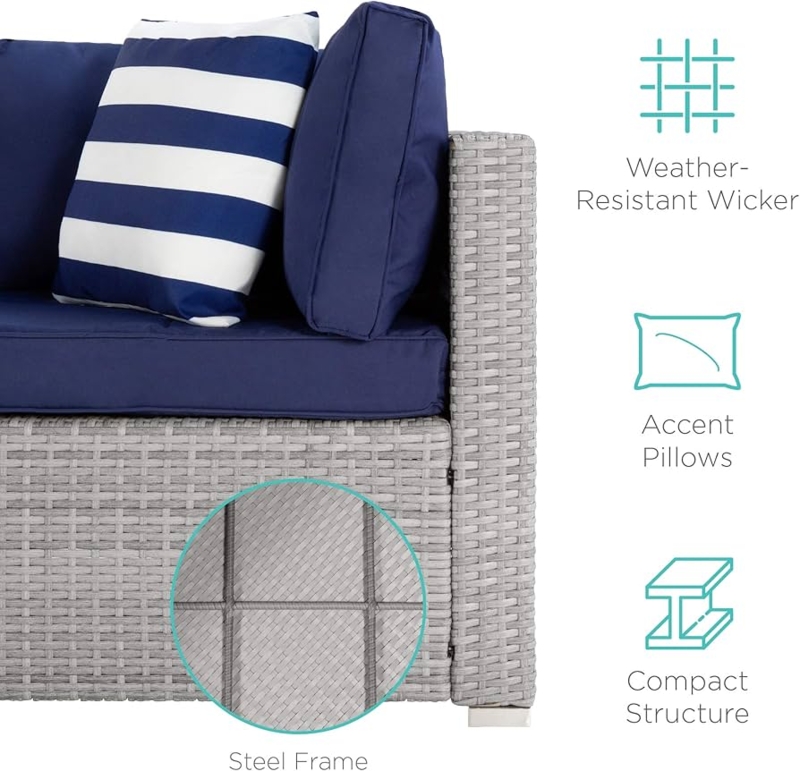 Outdoor Sectional Modular Gray Woven Wicker with Navy Blue Cushions