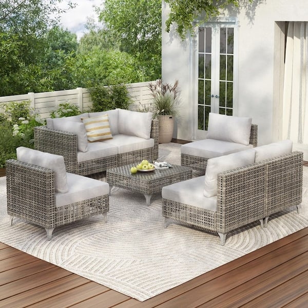 Outdoor Sectional Set, 7-Piece Modular Wicker Patio Furniture.