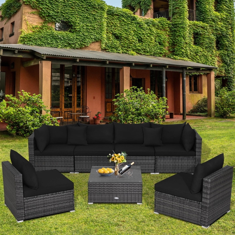 Outdoor Sectional Set: 7-Piece Modular Woven Rattan Black Cushions