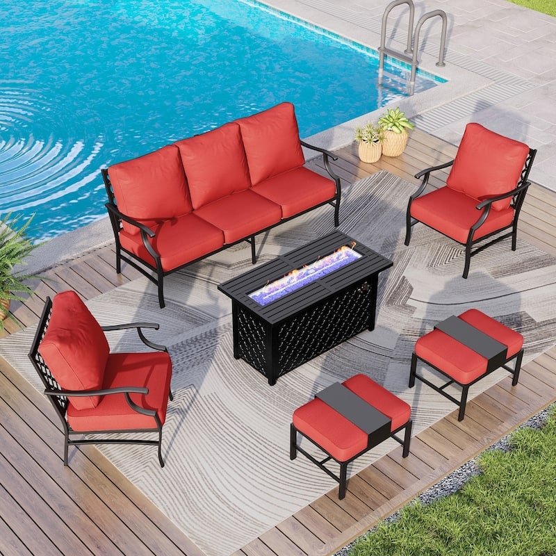 Outdoor Sectional Set Charcoal Wicker Fire Pit with Geometric Pillows