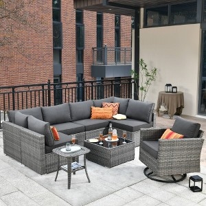 Outdoor Sectional Set including Wicker Swivel Chair & Navy Accents
