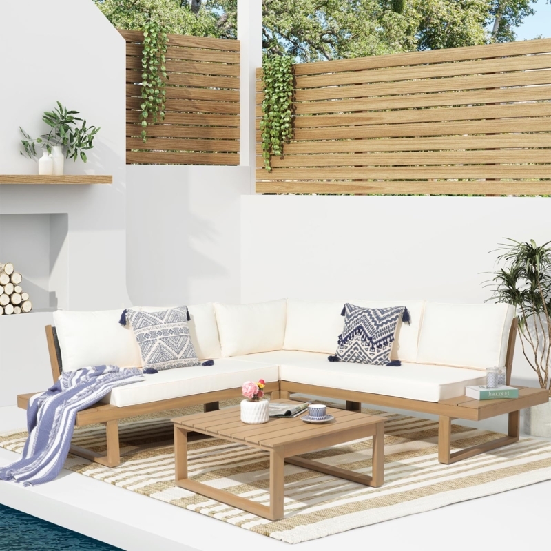Outdoor Sectional Set Slatted Wood L-Shaped with Integrated Side Table