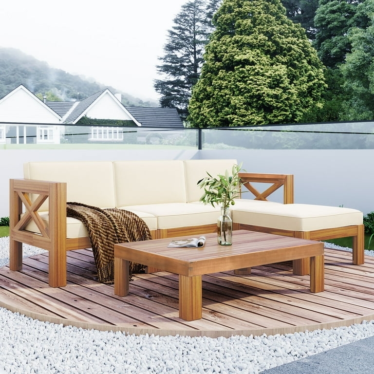 Outdoor Sectional Set Slatted Wood Modular U-Shape Beige Coastal Style