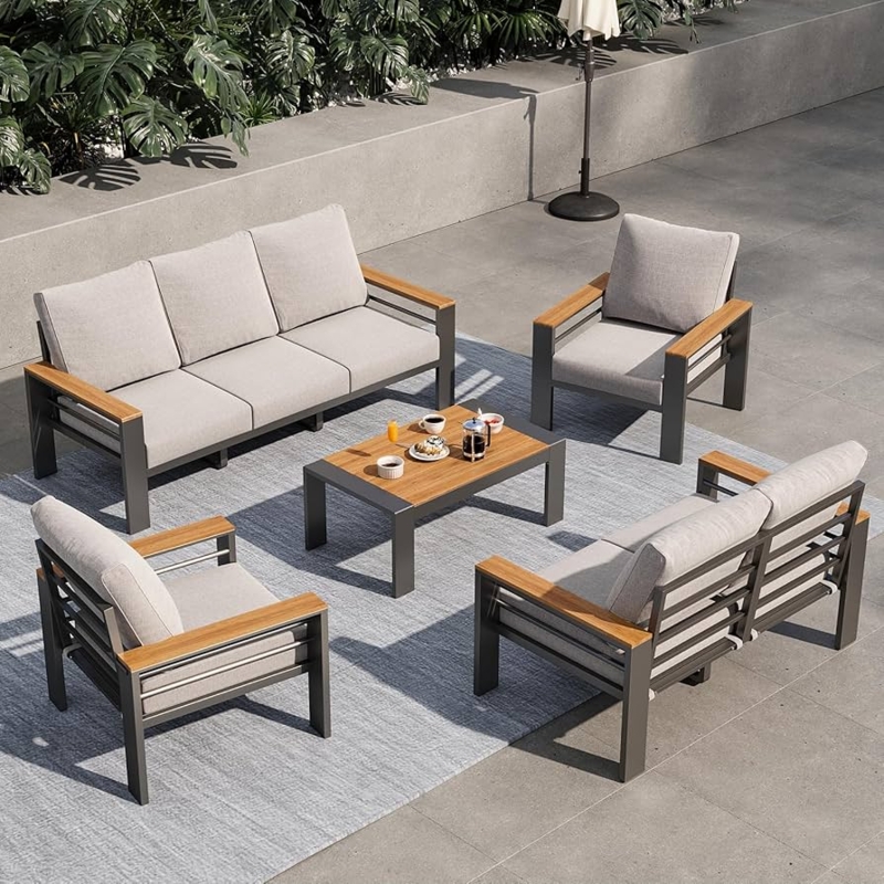 Outdoor Sectional Set, U-Shaped Charcoal, Integrated Side Tables